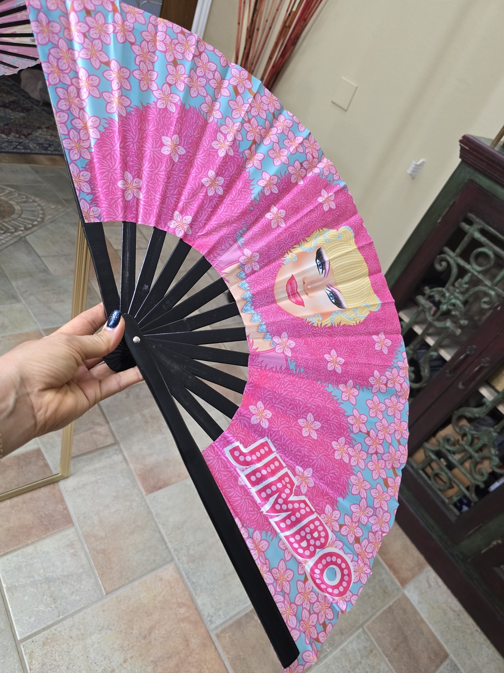 Large "Jimbo" Pink Floral Folding Hand Fan